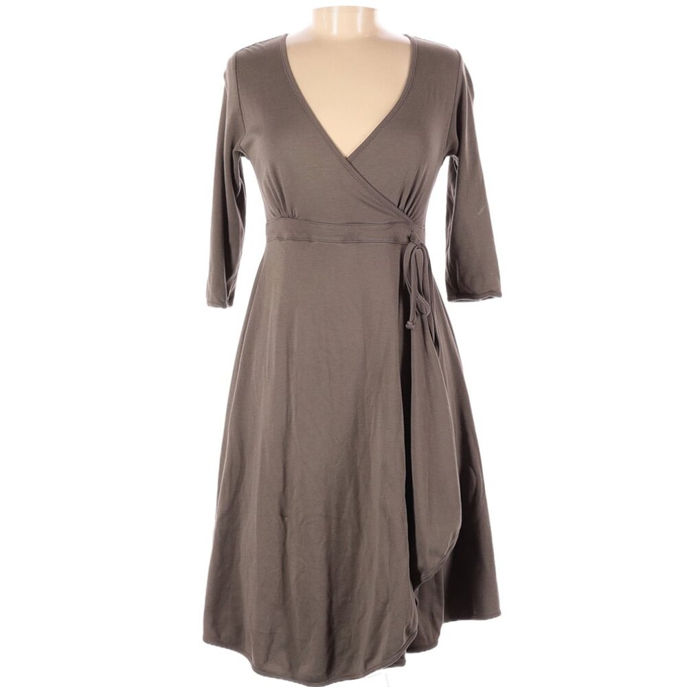 Indigenous Classic Faux Wrap Midi Dress in Taupe